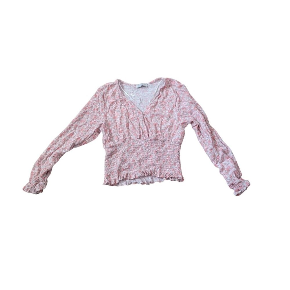 Paper Crane Womens XS Long Sleeve Cropped Blouse VNeck Floral Ruffle Cottagecore